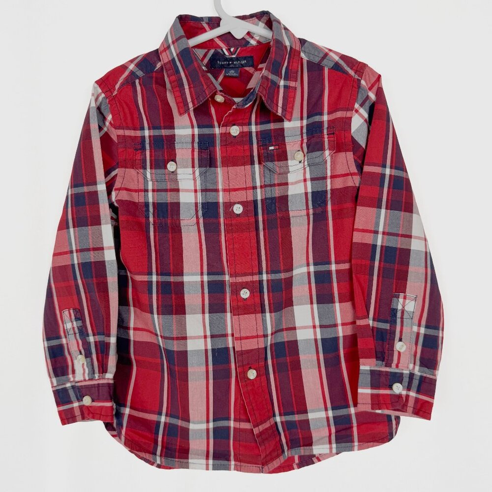 TOMMY HILFIGER Boy’s Size XS (4-5) Red Plaid Casual Shirt Long Sleeves